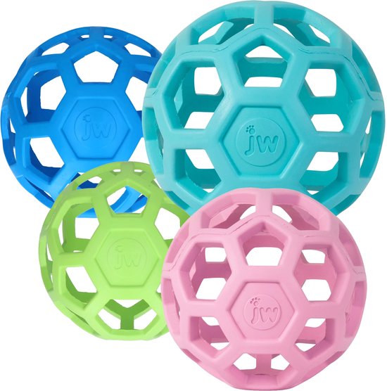 Vier JW Hol-ee Rollers in het blauw, turquoise, groen en roze, met open, honingraat-achtige structuren.