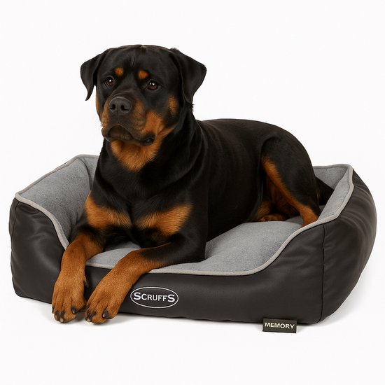 Donkerbruine hondenmand met grijze pluche voering en opstaande rand, met een rottweiler erin.