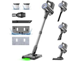 Draadloze 2-in-1 Stofzuiger en Dweil met 40 kPa Zuigkracht, Groen LED Licht, HEPA Filter, 6 Accessoires, Geschikt voor Alle Vloertypes en Dierenharen - Grijs