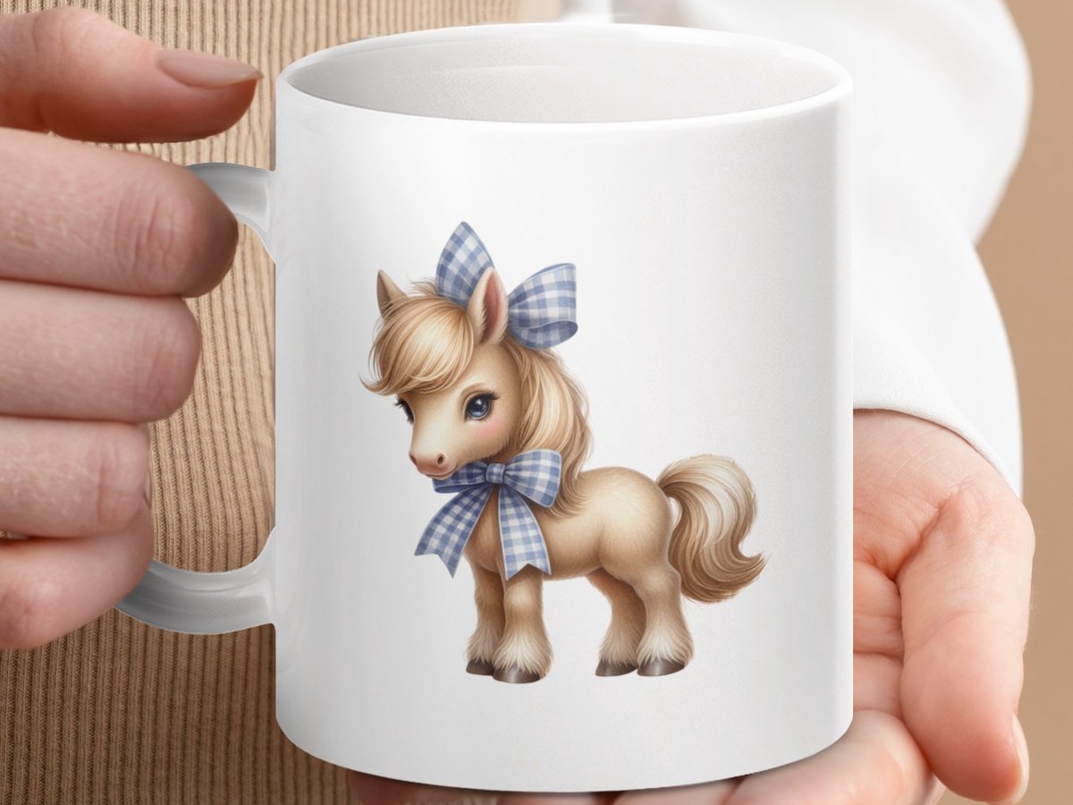 Mok Schattige Pony met Geruite Strik, Mooie Paarden Mok, Paard Liefhebber Cadeau, Kinderkamer Decor, Paard Mok