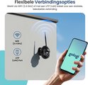 Zwarte beveiligingscamera aan muur, met indicatie voor WiFi en UTP-poort. Smartphone toont Gologi logo.