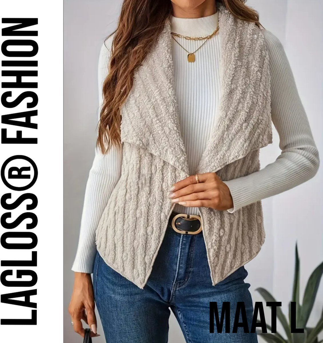 LaGloss® Teddy Bodywarmer Crème met Strepen & Bolletjes – Mouwloos Vest Dames – Zachte Pluche Winter Gilet – Modieuze Bodywarmer – Maat L