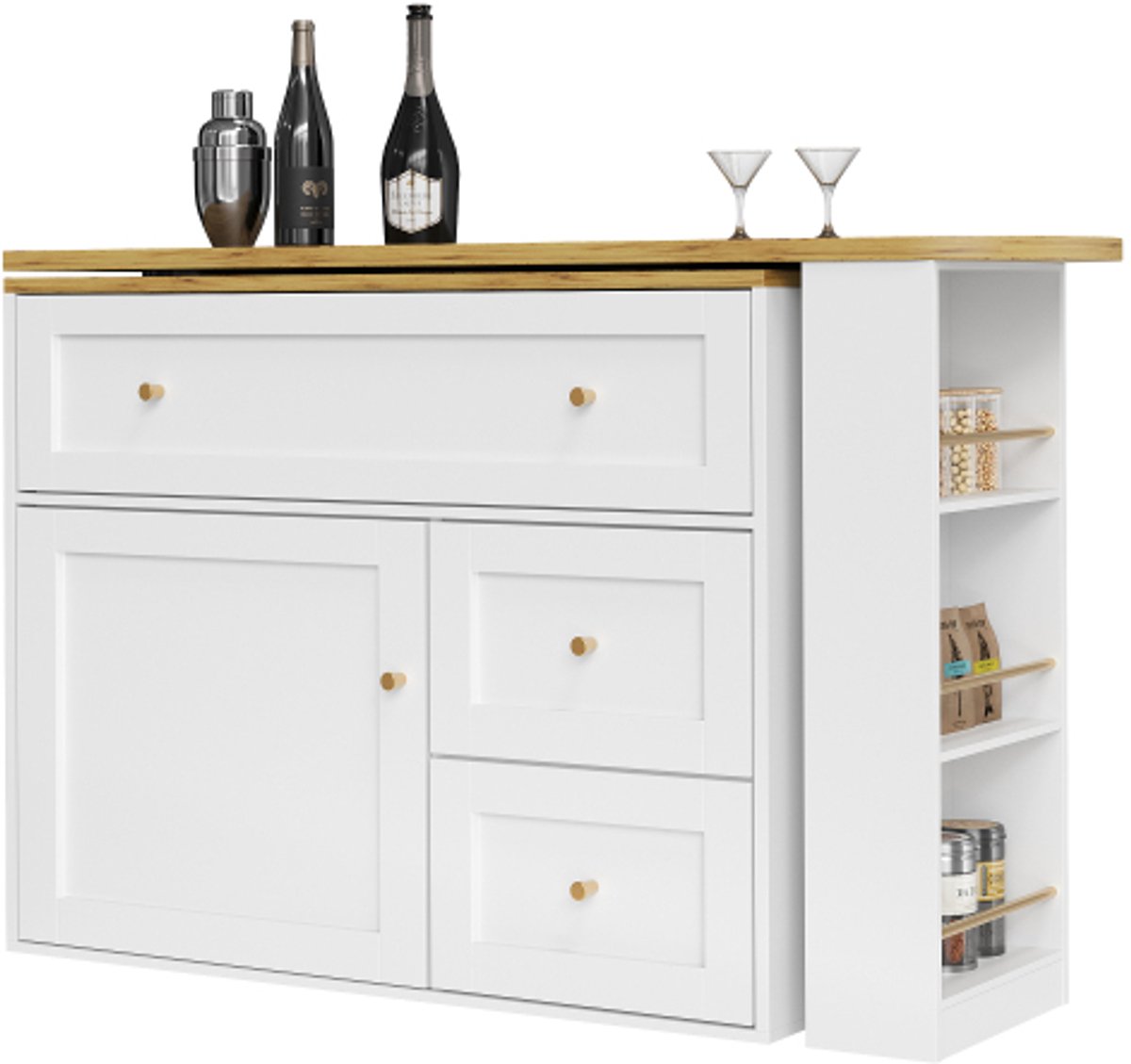 Uitschuifbare bar met opbergruimte (138-204×39×105 cm), keukenkast, sideboard met snackplank, telescopische bar, sta-tafel bistrotafel hoge tafel keukeneiland
