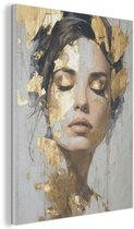 Akoestisch wandpaneel 70x100 cm - Vilt schilderij Sierlijk - Vrouw - Goud - Ogen - Akoestische panelen - Geluidsdempende wanddecoratie - Geluidsisolatie woonkamer - Muurdecoratie geluidspanelen