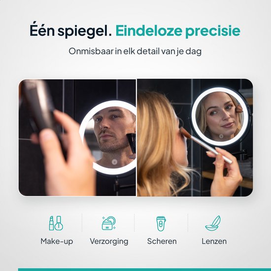 Collage: Man scheert zich, vrouw brengt make-up aan in een led spiegel, met iconen voor make-up, verzorging, scheren, lenzen.