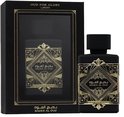 Zwarte Lattafa "Oud For Glory" "Badee Al Oud" Eau de Parfum fles en doos met gouden geometrisch design.