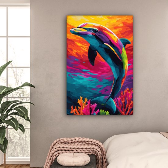 Tableau sur toile 80x120 cm - Décoration murale Dauphin - Coloré - Océan - Corail - Décoration murale salon - Décoration chambre - Accessoires chambre - Peintures sur toile