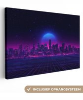 Canvas schilderij 120x80 cm - Wanddecoratie Skyline - Zon - Neon - Rasterpatroon - Muurdecoratie woonkamer - Slaapkamer decoratie - Kamer accessoires - Schilderijen op canvas