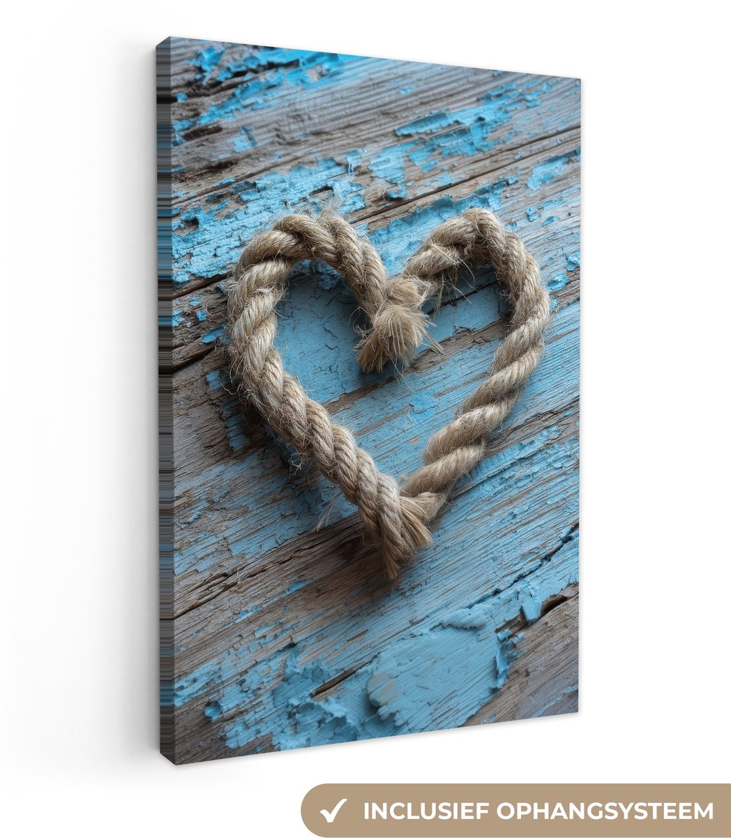 Canvas schilderij 120x180 cm - Exclusieve wanddecoratie Hart - Touw - Hout - Rustiek - Muu