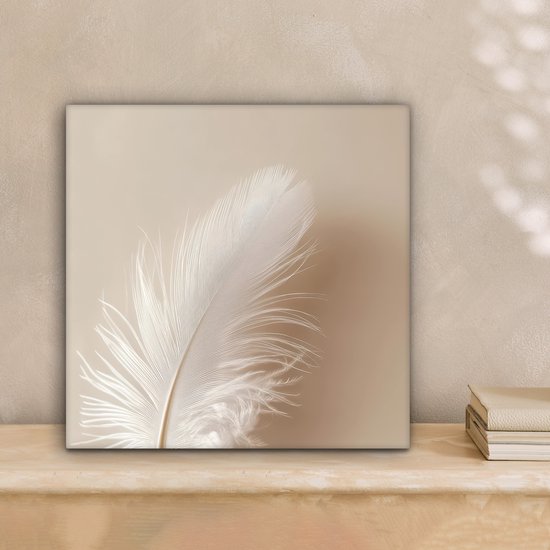 Canvas schilderij 20x20 cm - Wanddecoratie Veer - Minimalistisch - Roze - Muurdecoratie woonkamer - Slaapkamer decoratie - Kamer accessoires - Schilderijen op canvas