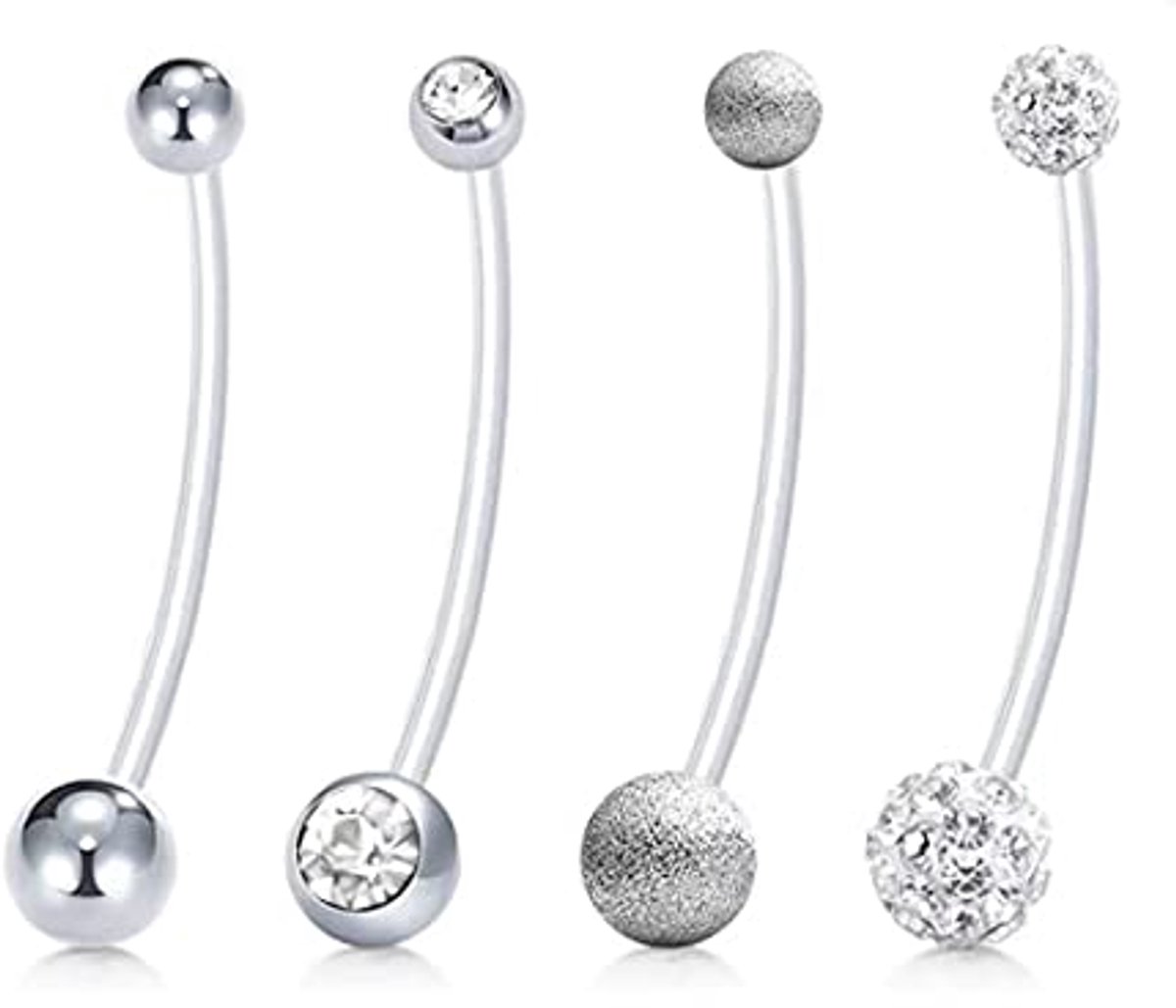4 Stuks Buikpiercing Voor Zwangerschap - Flexibele Acryl Bar - Zilver