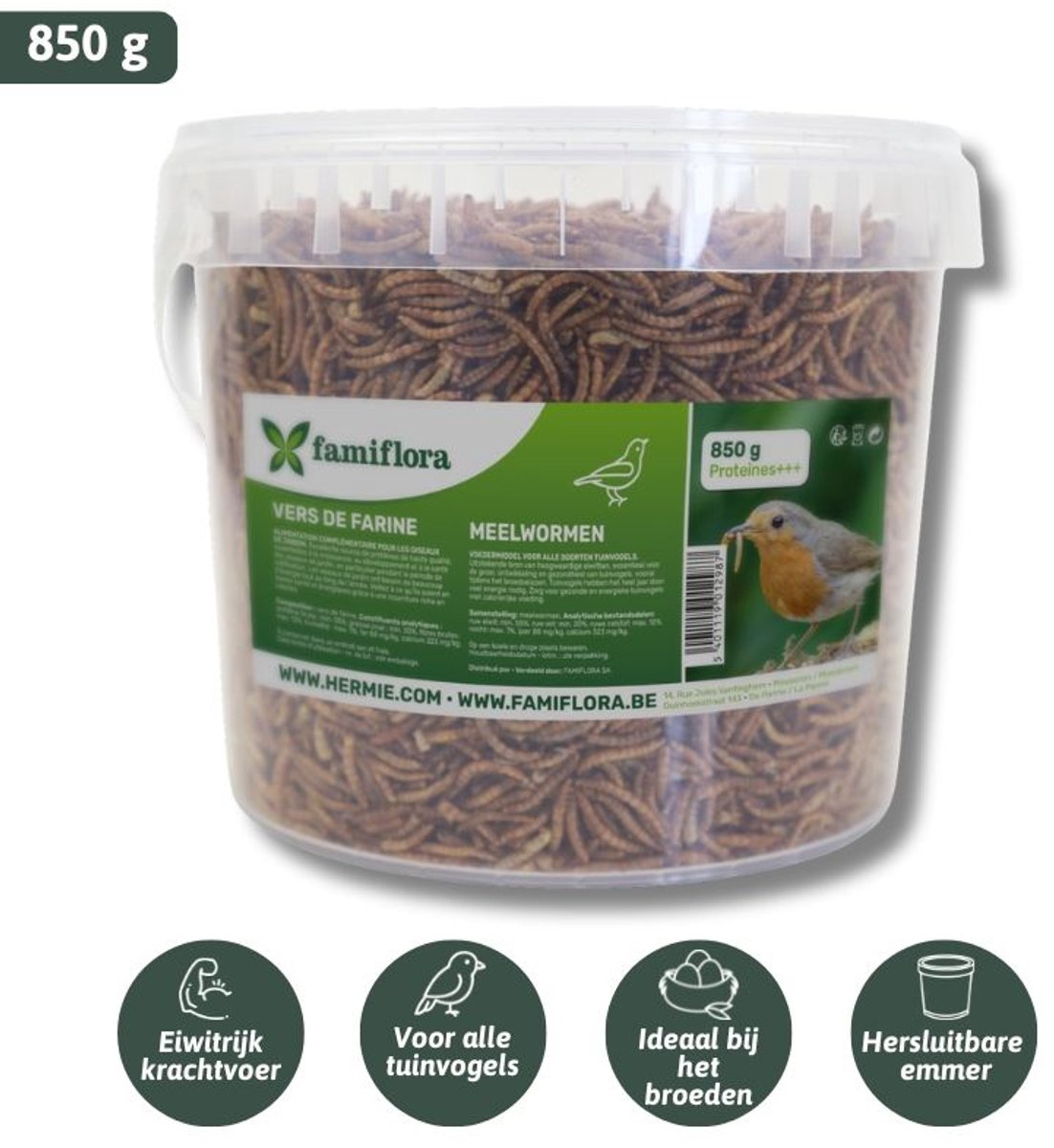Famiflora gedroogde meelwormen 850 g = ± 5L in hersluitbare emmer - voor tuinvogels - Rijk aan eiwitten die de vitaliteit van vogels verhogen en groei ondersteunen