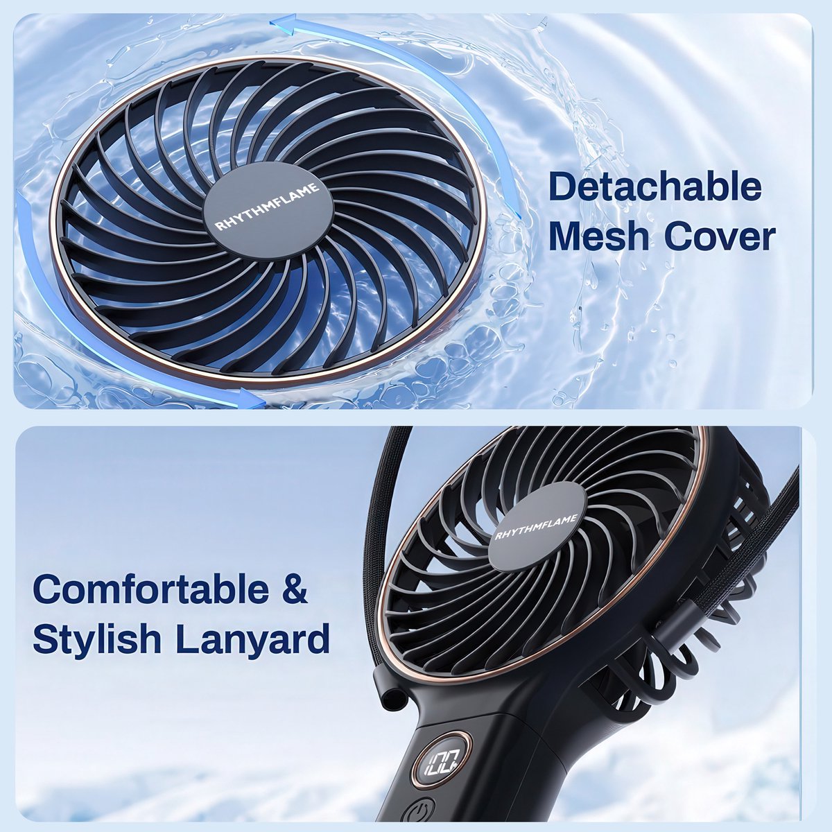 RHYTHMFLAME Handventilator - Kleine USB-ventilator - Draagbare Mini Ventilator - 4000 mAh - 6 Standen - Lanyard Ventilator -Opvouwbaar metDisplay - Nek Ventilator usb oplaadbaar - Zwart — afbeelding 8