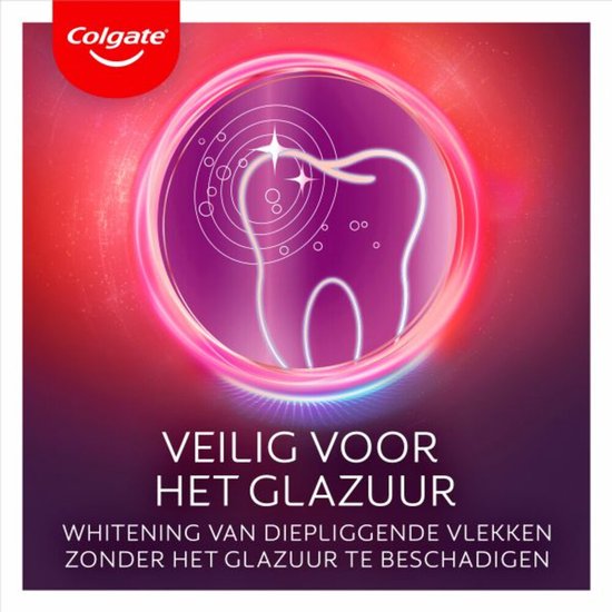 Een getekende tand binnen een roze en rode cirkel met glinsterende sterren en belletjes. Tekst: 'Veilig voor het glazuur'.