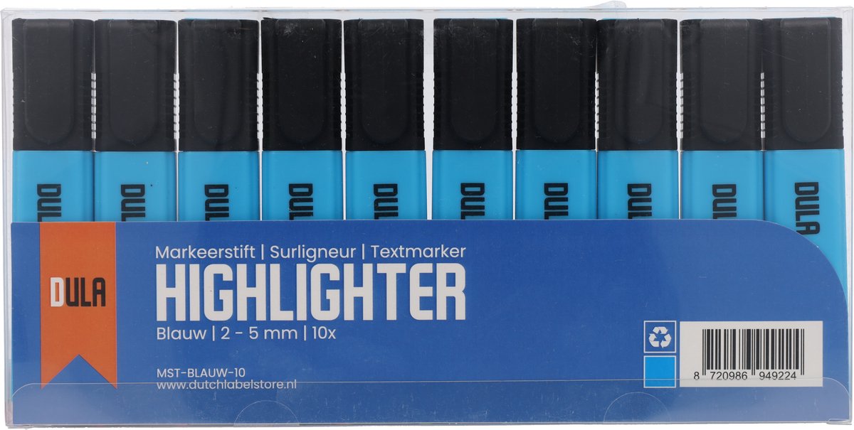 Markeerstiften blauw - Markeerstift - Fluostiften - Markeren - 10 stuks - DULA
