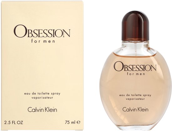 Calvin Klein Obsession for Men eau de toilette spray fles van 75 ml naast het bijpassende doosje.