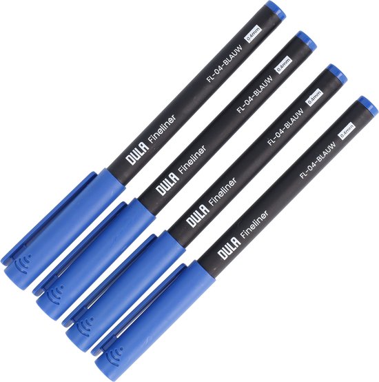 Vier zwarte DULA Fineliners met blauwe dop en clip, elk met '0.4mm' op de dop.