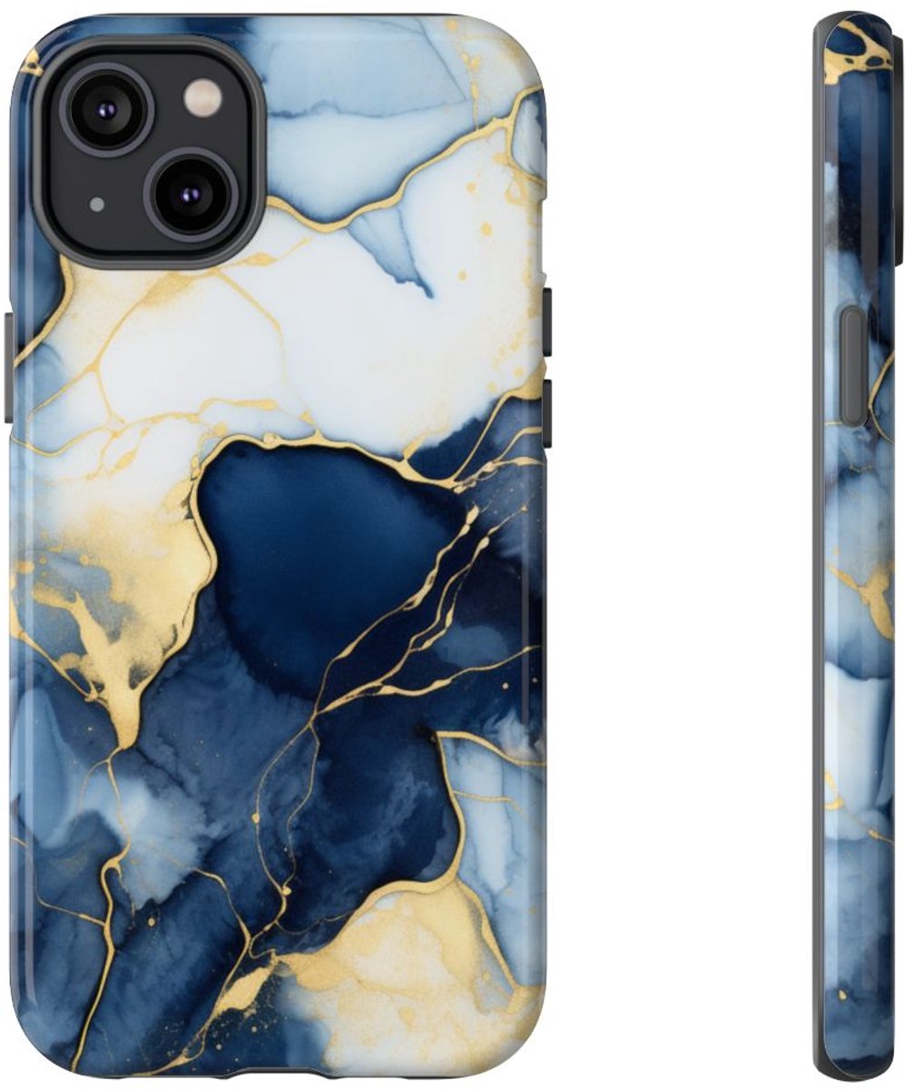 Diepblauw en Goud Abstract Inktpatroon – Telefoonhoesje Geschikt voor iPhone 14 Plus