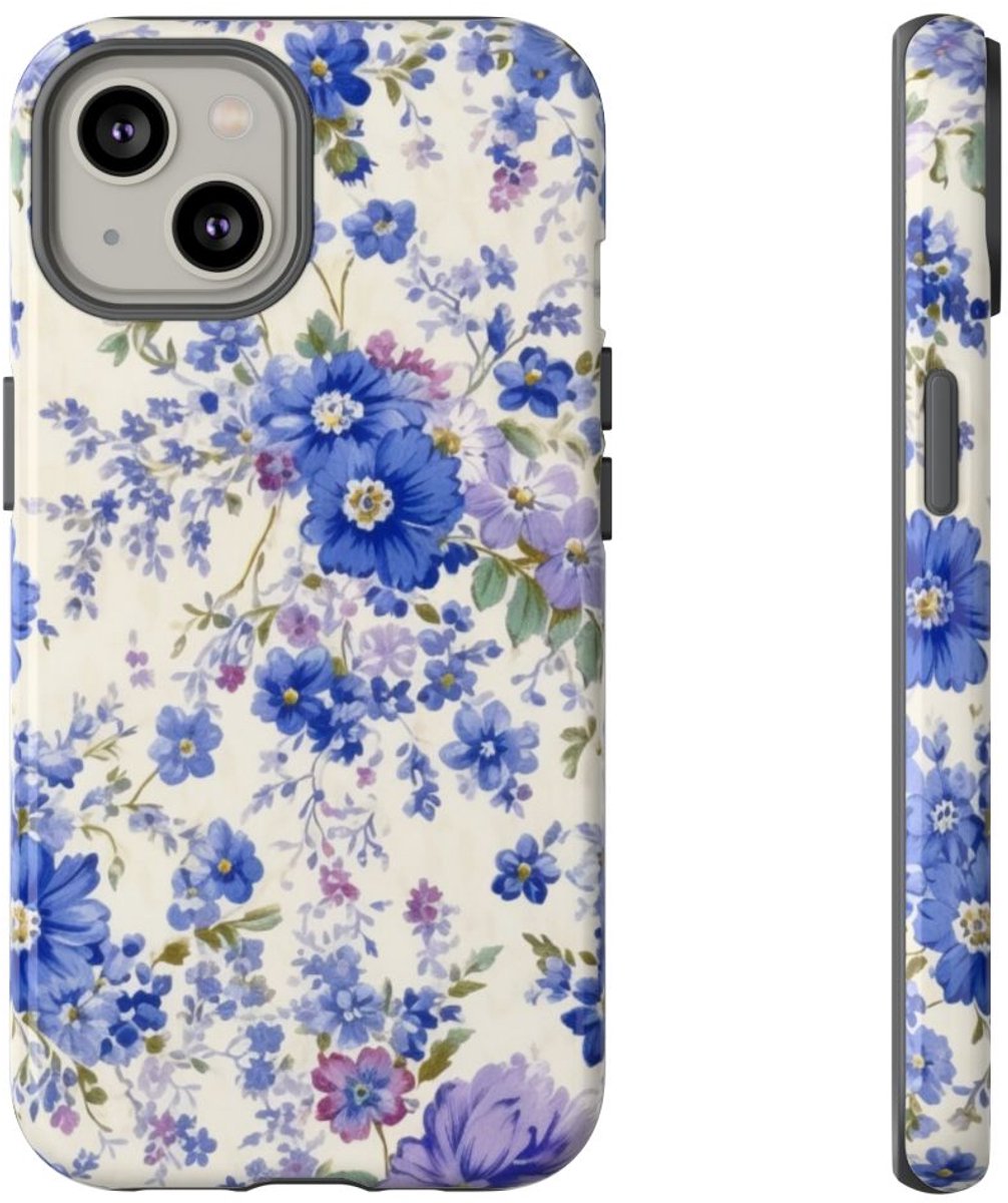 Blauw-Paars Bloemenpatroon – Telefoonhoesje Geschikt voor iPhone 14