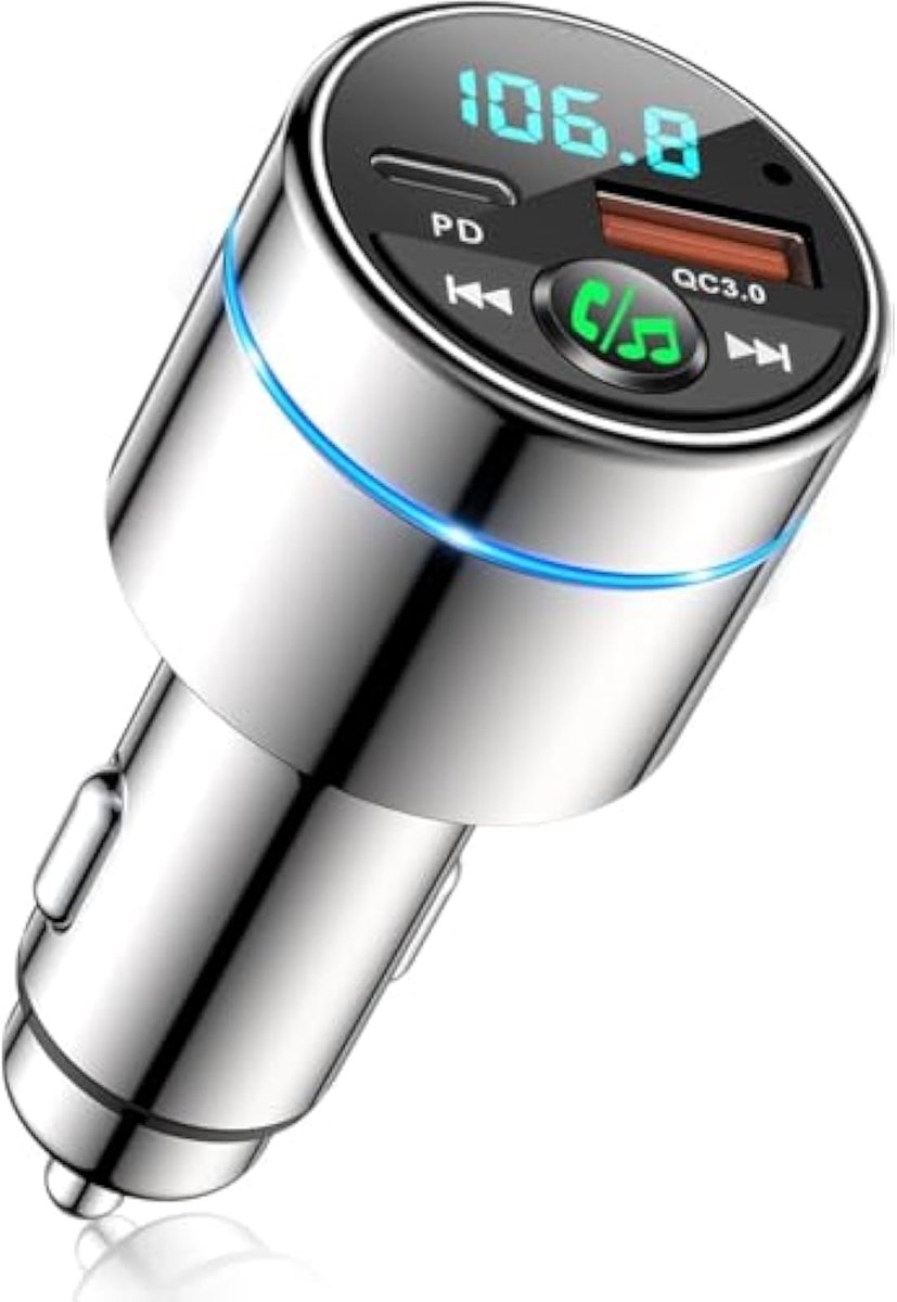 Zender Bluetooth Auto 5.3, Metalen 18W Oplader, Handsfree Ontvanger Bluetooth Muziek Auto Ruisonderdrukking met Halo en High-Fidelity Muziek