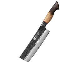 XinZuo Nakiri mes Damascus – X06 Mo Series – 18 cm – Gebrand Eiken Handvat – Professioneel Keukenmes