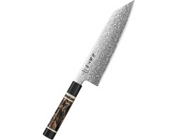Hezhen X09 Retro Series Bunka – Koksmes met kern van Japans ZDP-189 Damascus staal (extreem hard: 65–67 HRC), zwart resin handvat met bronzen en koperen details