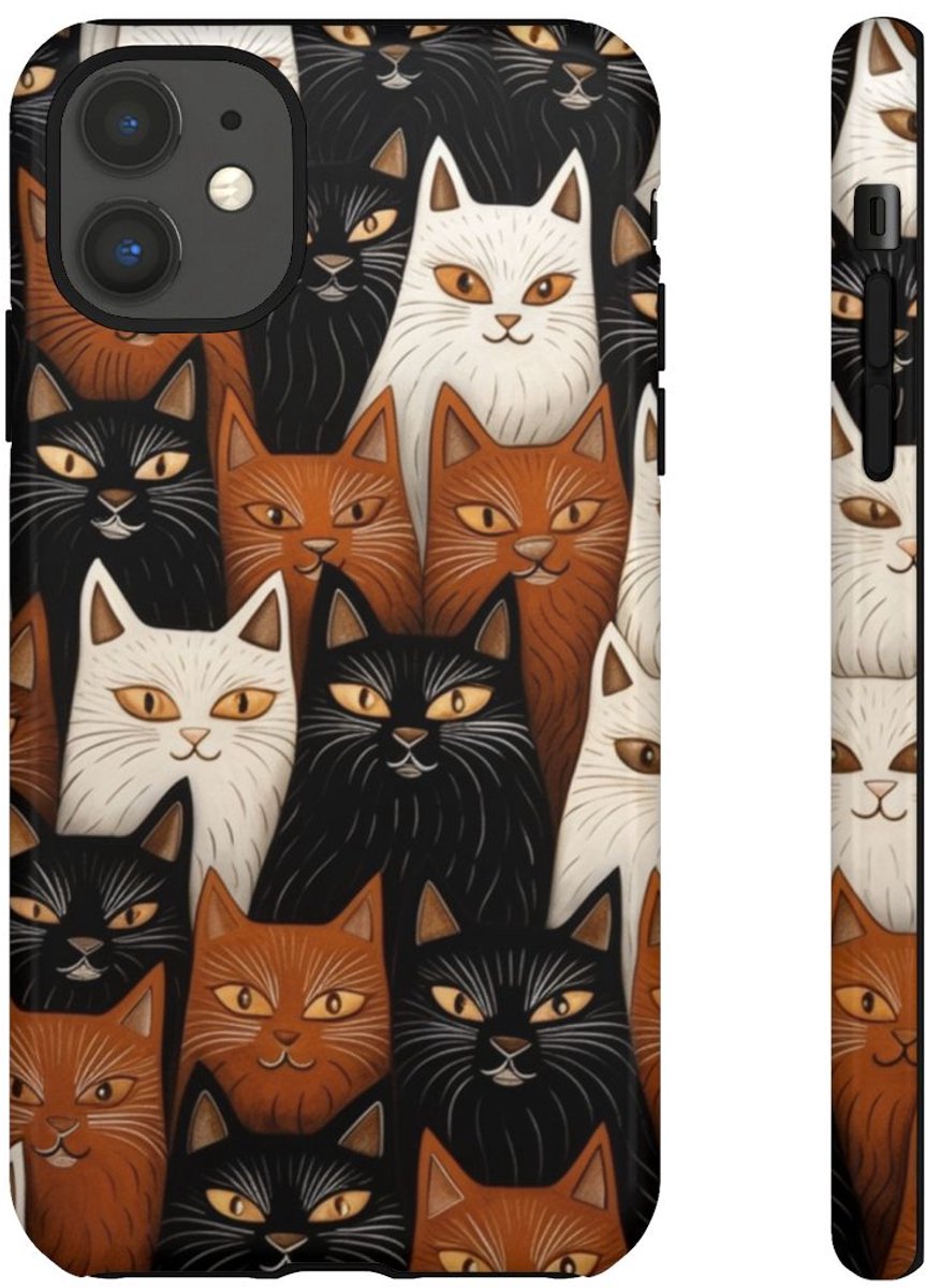 Zwart-Bruin-Wit Kattenpatroon – Glanzend Stevig Hoesje Geschikt voor iPhone 11