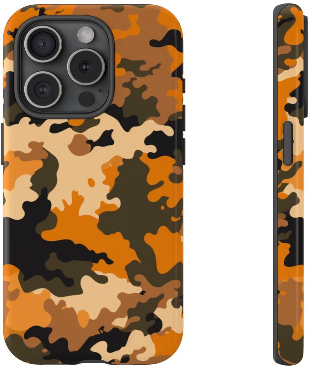 Oranje Woodland Camouflagepatroon – Telefoonhoesje Geschikt voor iPhone 15 Pro