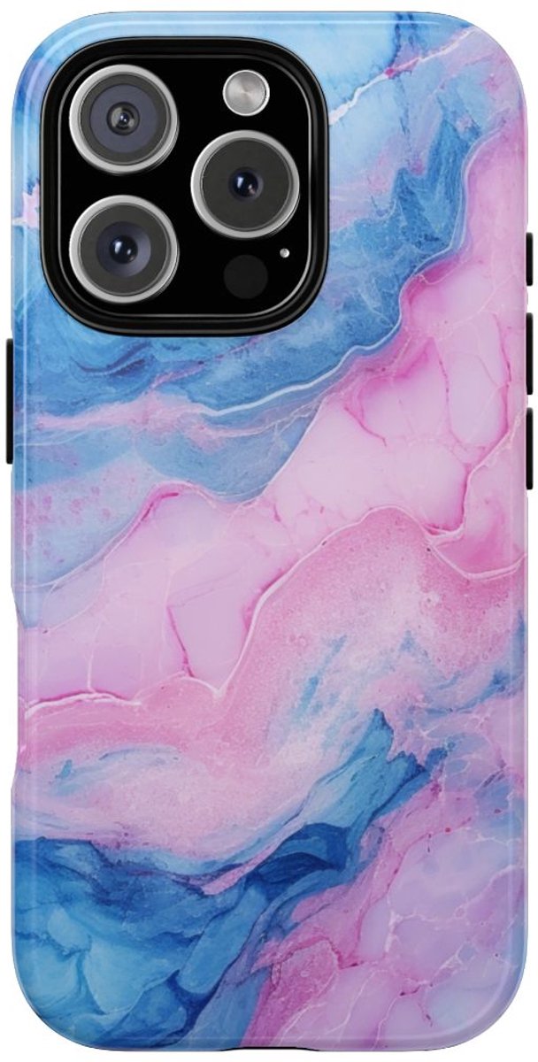 Blauw-Roze Marmerstructuur – Glanzend Stevig Hoesje Geschikt voor iPhone 16 Pro