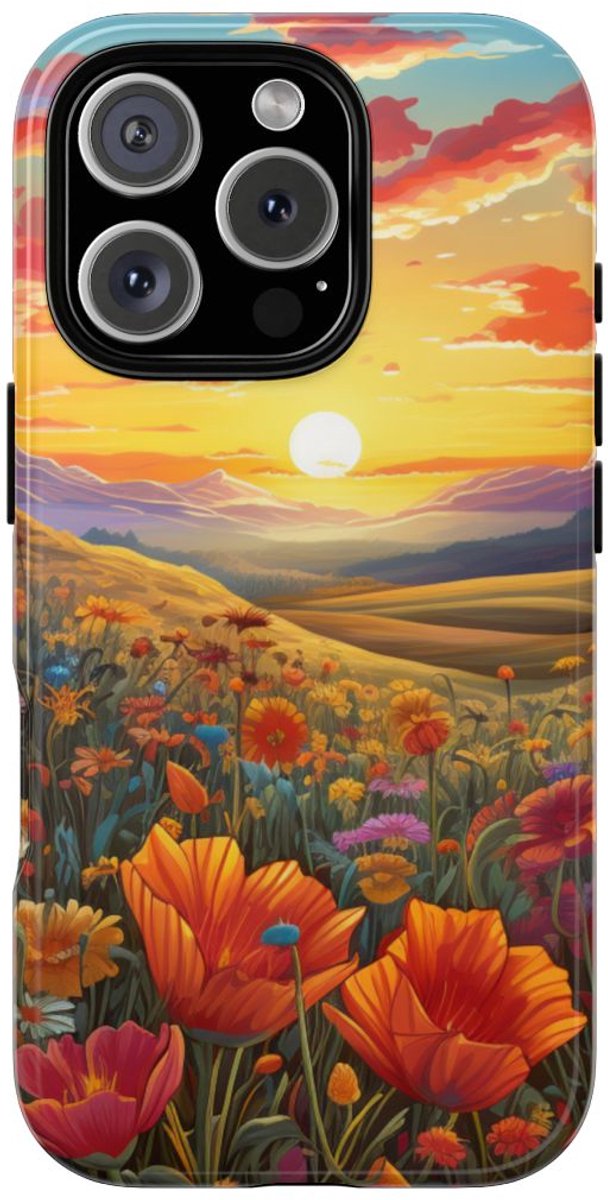 Zonsondergang boven Wilde Bloemenweide – Telefoonhoesje Geschikt voor iPhone 16 Pro