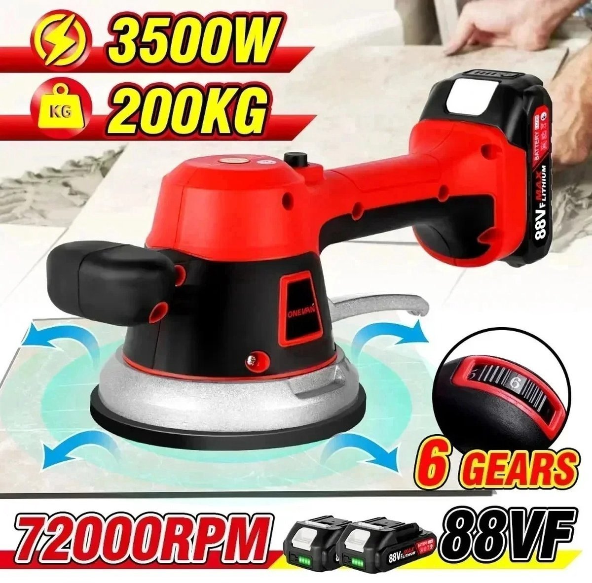 QPFO® Tegeltriller tot 200kg - Professionele Tegeldrager en Tegellifter met Vacuüm Zuignap - 6 Trilstanden - 3500W 18V - Inclusief 2 Accu’s en Opbergkoffer