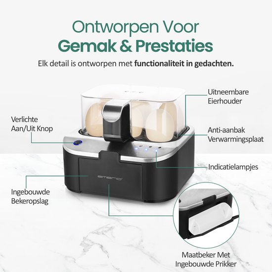 Emerio eierkoker zwart met transparante deksel. "Uitneembare Eierhouder", "Verlichte Aan/Uit Knop", "Anti-aanbak Verwarmingplaat", "Indicatielampjes", "Maatbeker Met Ingebouwde Prikker".