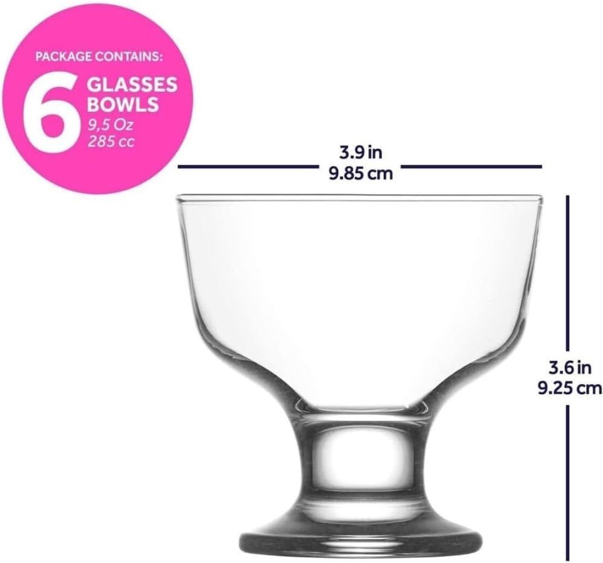 LAV Ijscoupes Glas – Set van 6 Dessertglazen met Voet, 285 ml – Stapelbare Loodvrije Ijscoupes, Transparant Glas voor IJs & Nagerechten