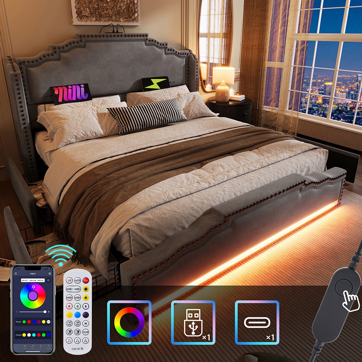 YEHTOKHOME Gestoffeerd bed 140x200 cm met opbergruimte, Tweepersoonsbed met 4 lades, LED verlichting, USB Type C-oplader, Opbergbed volwassen bed met lattenbodem, Fluweel, Retrostijl, Grijs (zonder matras)