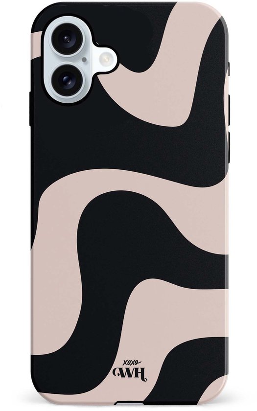 iPhone hoesje met beige en zwart golvend patroon, met 'xoxo GWH' logo.