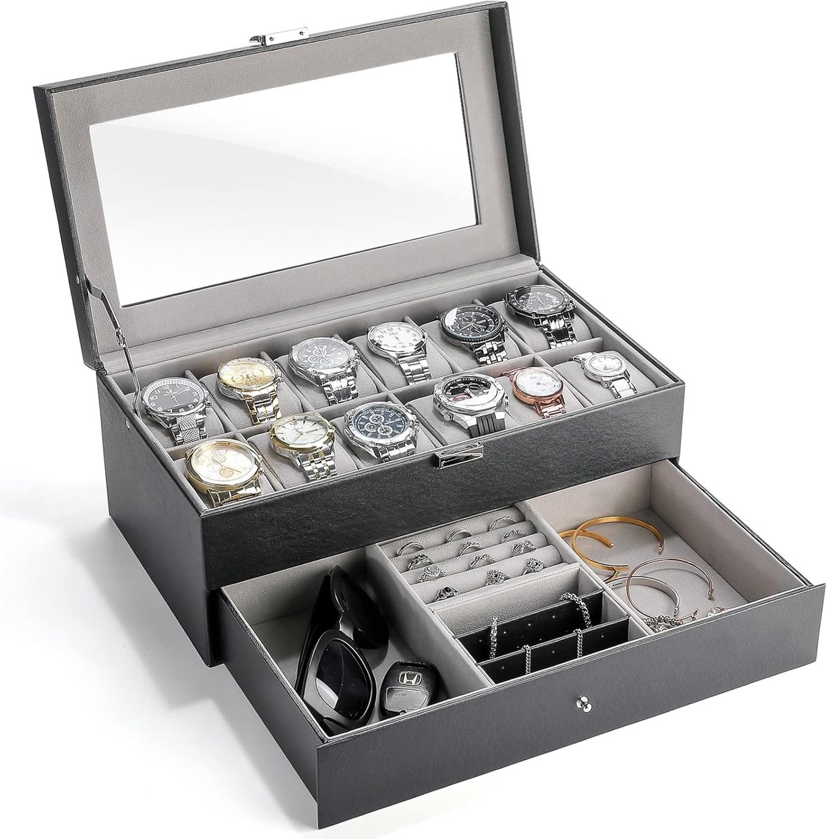 Horlogedoos met 12 sleuven voor mannen, sieraden organizer horlogehouder met lade, PU-lederen horlogeopbergdozen met glazen deksel en kussen - zwart