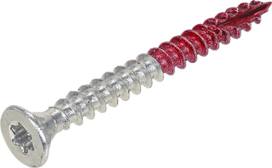 Zilverkleurige schroef met Torx 20 platkop, waarvan het schroefdraad rood is.