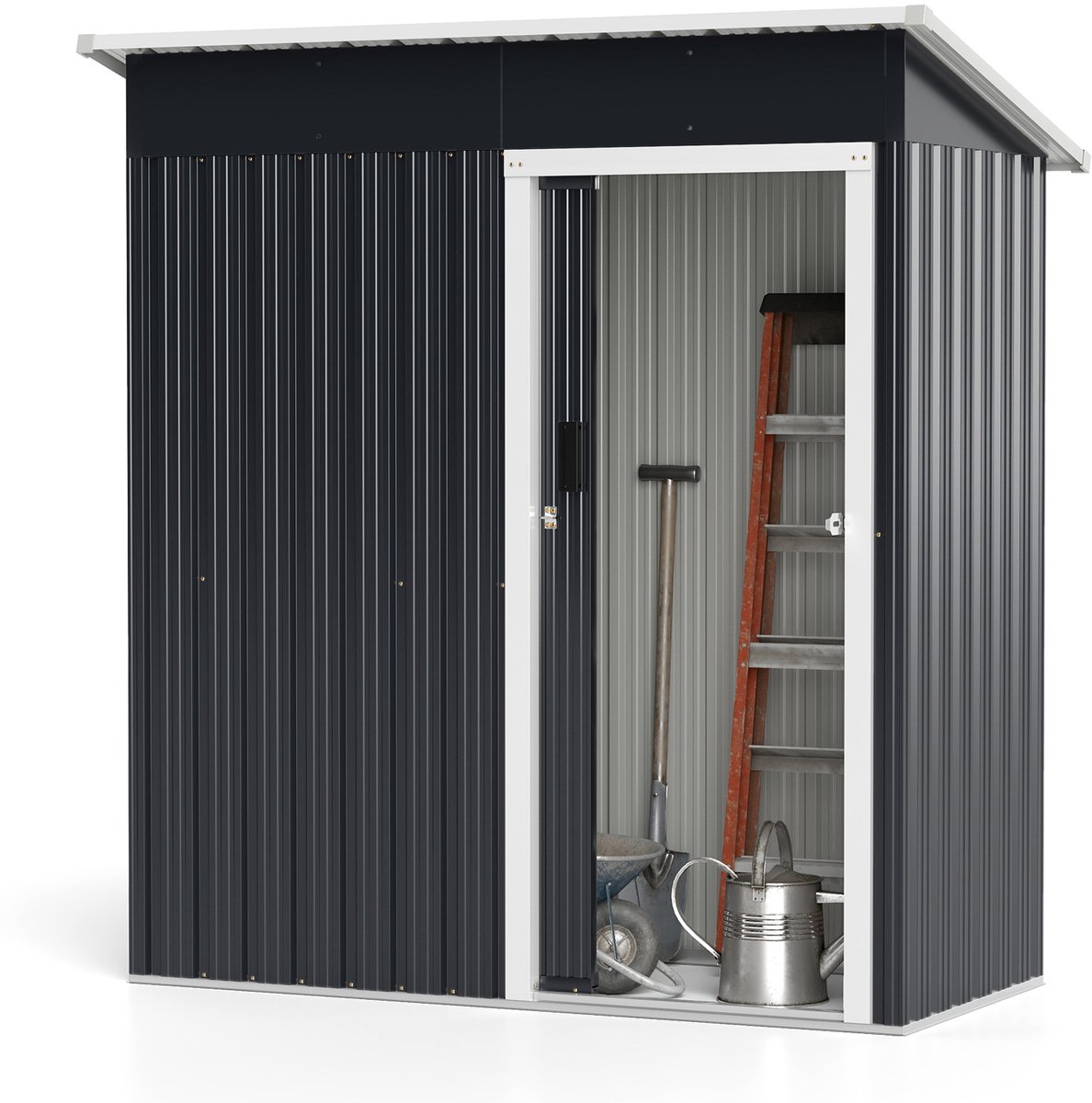 COSTWAY Tuinhuis van metaal, 163 x 86 cm, weerbestendig, met afsluitbare schuifdeur en zadeldak, gereedschapsschuur voor outdoor, voor fietsen, vuilnisbakken, gereedschap