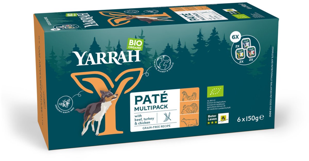 4x Yarrah Bio Hondenvoer Multipack Paté Graanvrij Kip&Kalkoen&Rund 6 x 150 gr