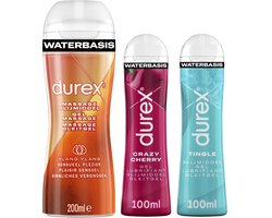 Durex - 3 Glijmiddelen - Voor Een Sensuele Aanraking - Waterbasis - Tingle 100ml- Massage Ylang Ylang 2 in 1 200ml - Crazy Cherry 100ml