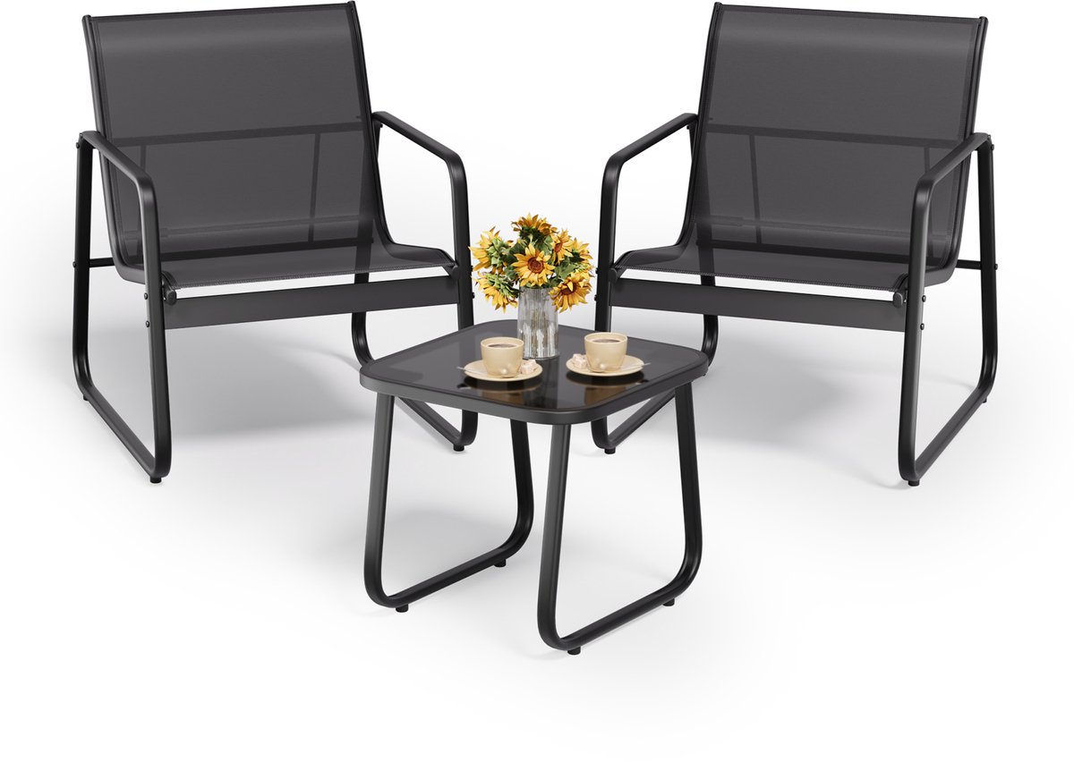 Xbro 3-delige stoel loungeset – ademende Textilene stof met gehard glazen tafel – bistroset voor tuin, balkon en terras – ca. 61×73×76 cm – zwart