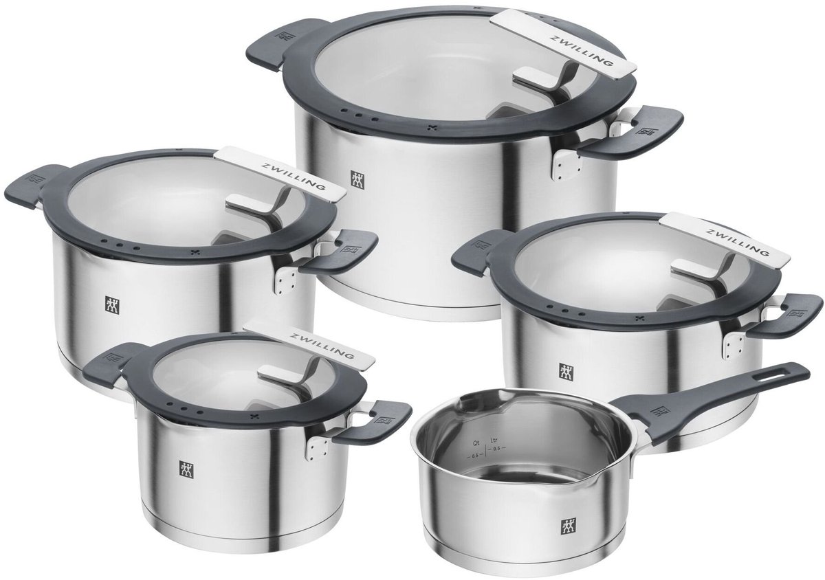 ZWILLING Simplify roestvrijstalen kookpotset, 5-delig, met geĂŻntegreerde zeef in het deksel, geschikt voor inductie, zilverzwart