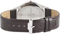 Jacques Lemans horloge met donkergrijze wijzerplaat, gouden indexen, dag- en datumvenster. Zilverkleurige kast, bruine lederen band.