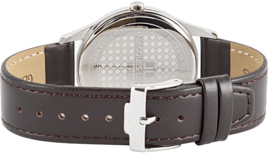 Jacques Lemans horloge met donkergrijze wijzerplaat, gouden indexen, dag- en datumvenster. Zilverkleurige kast, bruine lederen band.