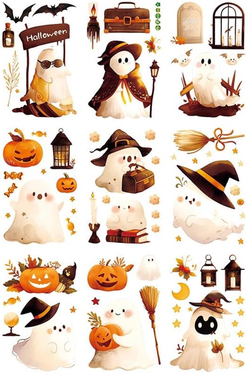 Raamstickers - Halloween-thema - Halloween-raamstickers, 9 decoratieve stickers met pompoenen en spoken, dubbelzijdige stickers voor Halloweenfeesten