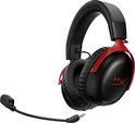 Zwarte gaming headset met afneembare microfoon, rode accenten en HyperX logo.