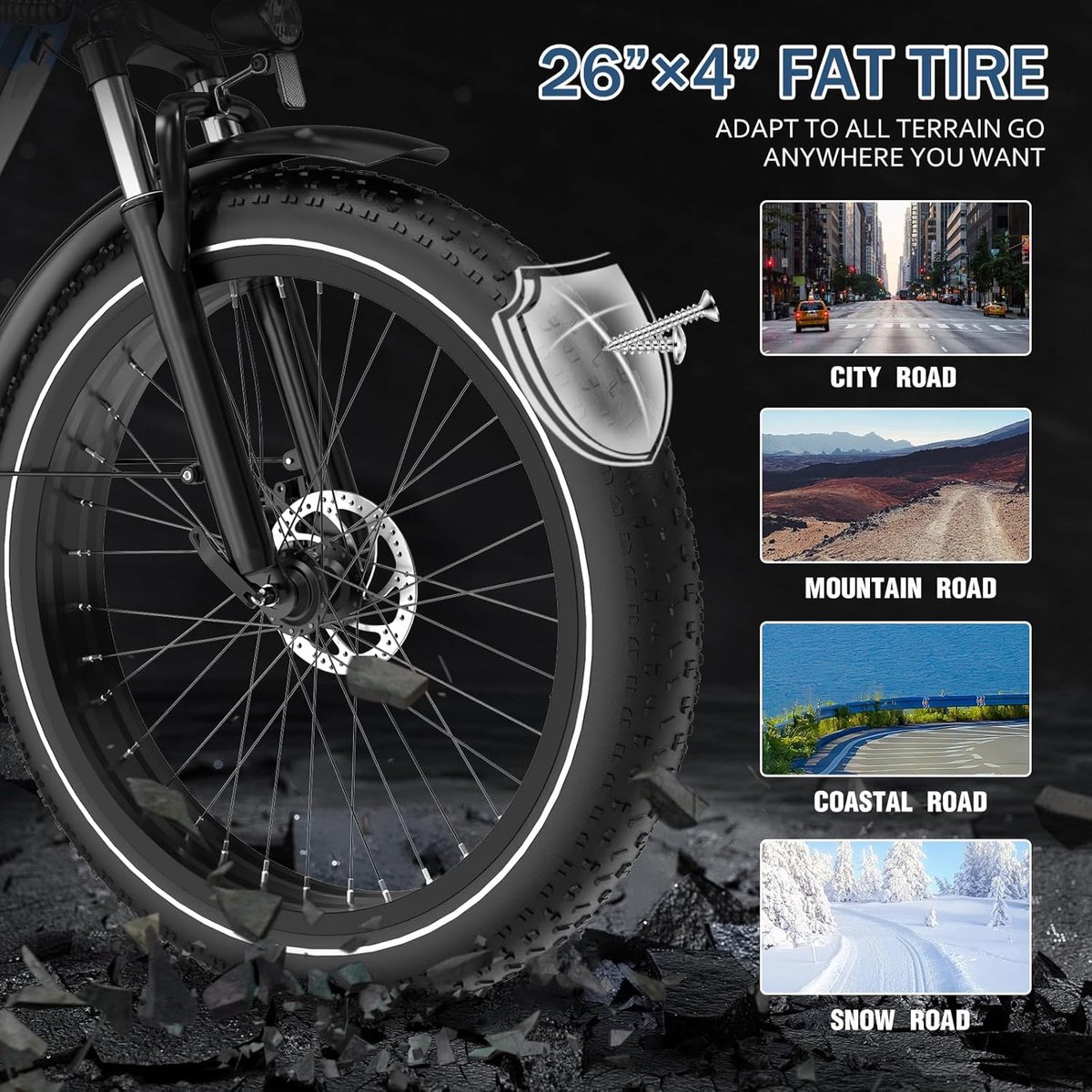 ECORUSH Elektrische Fiets ECO R1 - Trendy 26*4.0 Inch Fat Tire City Commuter EBike met Afneembare 48V 13Ah Lithium Batterij - Mountain E-Bike met 250W Motor - 7 Versnellingen - IP54 Waterdicht - afbeelding 3