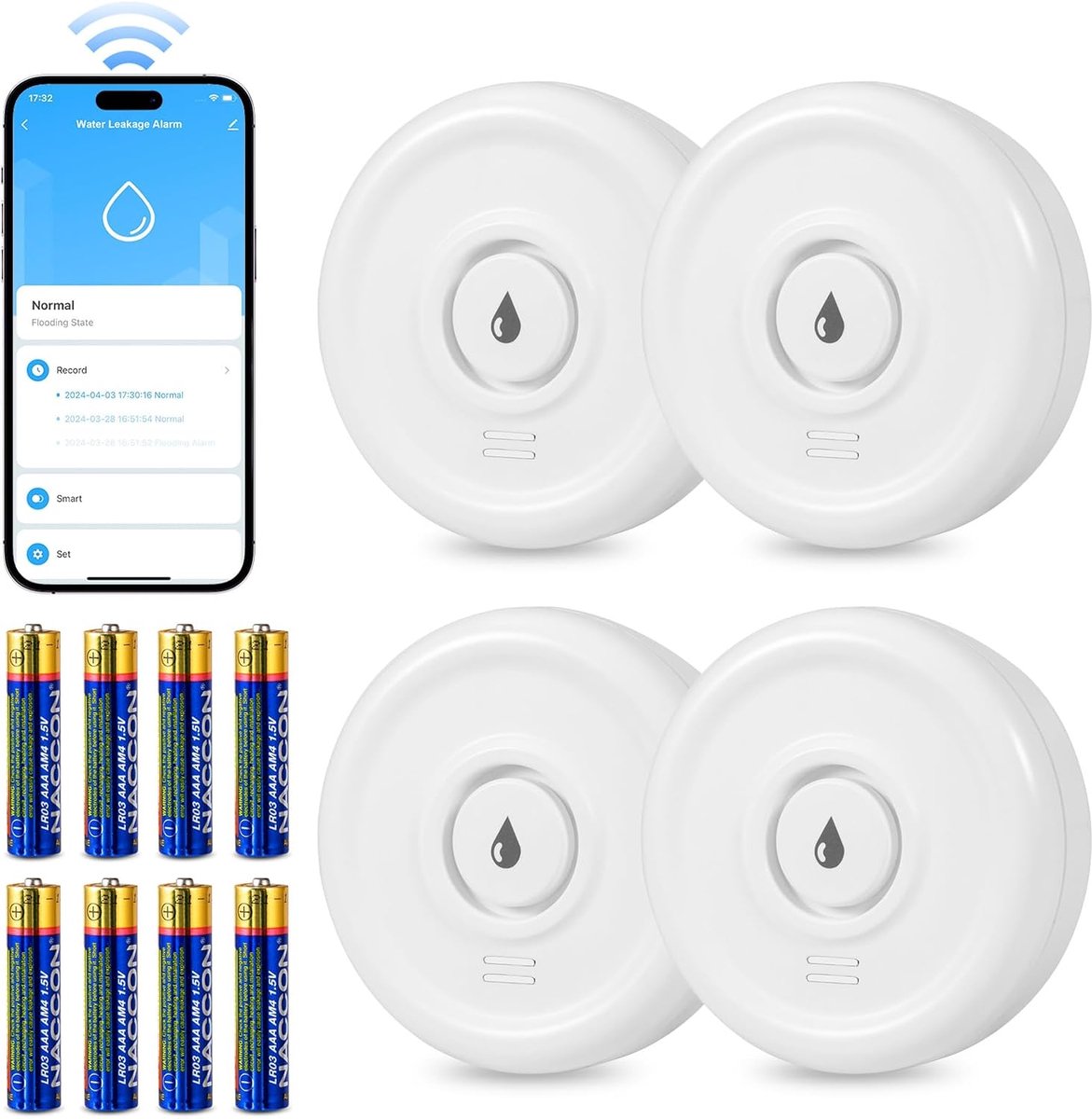 Compacte WiFi Watermelder met 100 dB Alarm - Slimme Waterdetector voor Keuken, Badkamer en Kelder (4 Stuks)