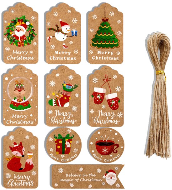 Peysaitr - 50 stuks Kerstlabels - Kerst Kraftpapier Labels - Kit Papieren Cadeaukaartjes - Touw Hangende Tags - Voor Kerstdecoratie Cadeauverpakkings