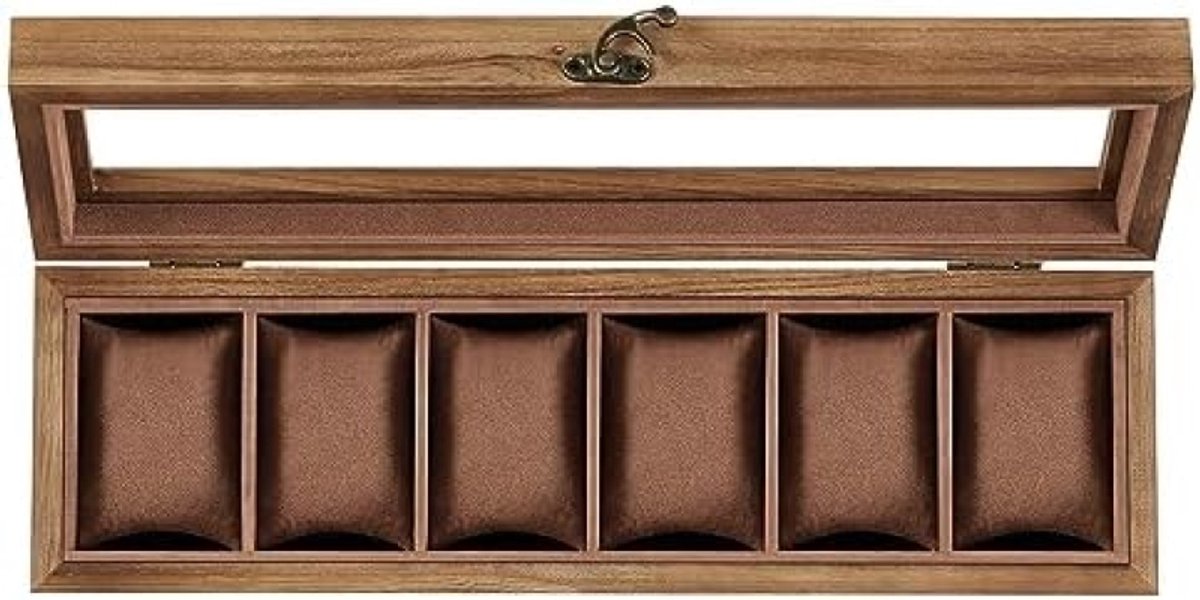 PromoHome Houten Horlogedoos met 6 Vakken, Massief Houten Horlogekast Organizer met Glazen DekseI, Horlogedisplay Doos met Uitneembare Kussentjes, Cadeau-idee Rustiek Notenhout Design